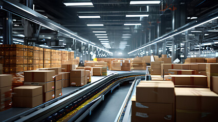 Warehouse hustle! Cardboard boxes zip along a busy conveyor belt