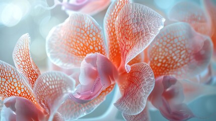 Minimalist X-ray close-up of a translucent view of intricate orchid petals, frosted glass backdrop, highlighting translucency and elegance, with subtle reflections.