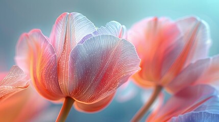 Minimalist X-ray close-up of translucent tulip petals, frosted glass backdrop, pastel setting, soft bokeh enhancing vibrant colors and delicate veins.