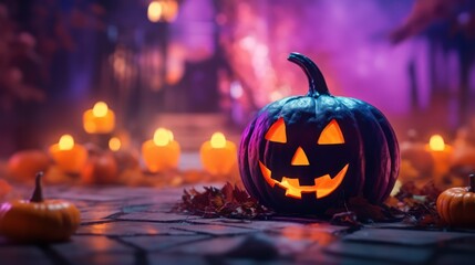 Obraz premium Halloween pumpkin and candles in spooky hallow decoration, purple light, spooky background with copy space.