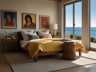 Modern bedroom interior design with large windows and a comfortable bed.