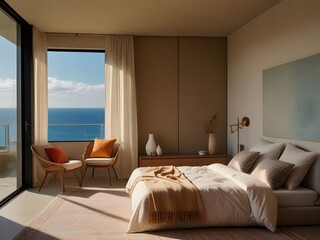 Modern bedroom interior design with large windows and a comfortable bed.