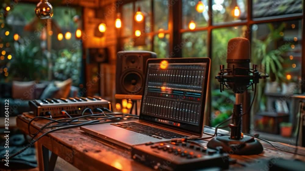 Poster This close-up image of a music studio setup. Podcast and streaming concept