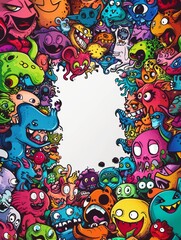 Fototapeta premium Colorful doodle of variety of quirky creatures or cute monsters with blank space in the middle