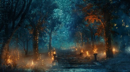 Ethereal ceremony in the void, burning fables come to life under a starry night, digital art style