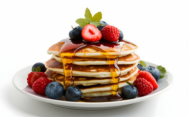 A plate of fluffy pancakes topped with fresh berries isolated on white background