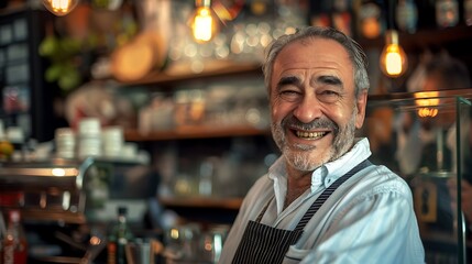 Fototapeta premium Happy cafe owner, happy cafe background, portrait shot, smiling, cheerful
