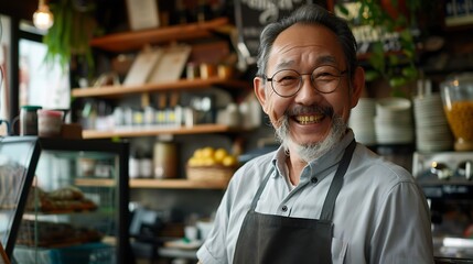 Fototapeta premium Happy cafe owner, happy cafe background, portrait shot, smiling, cheerful