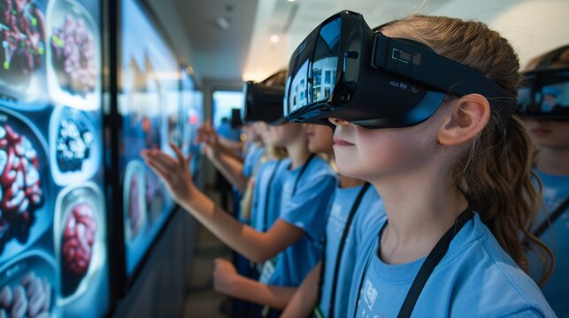 10. A group of educators using virtual reality headsets in a tech-forward classroom, exploring new teaching methods and digital tools, with a large interactive screen displaying VR content