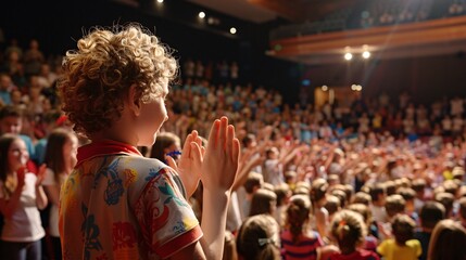 19. An educator receiving an award at a school assembly, with colleagues and students applauding, capturing a moment of recognition and celebration in a large auditorium