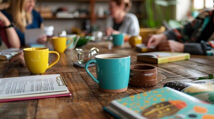 20. A group of teachers participating in a book club meeting, discussing educational literature, with coffee mugs and books on the table, in a cozy and inviting setting