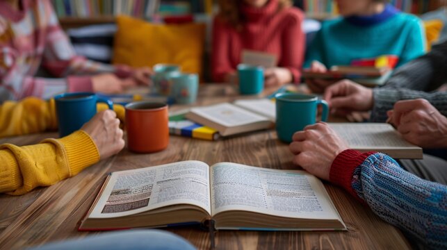 20. A group of teachers participating in a book club meeting, discussing educational literature, with coffee mugs and books on the table, in a cozy and inviting setting