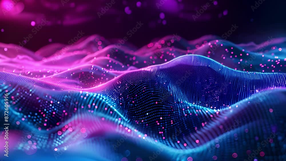 Poster a digital abstract pattern featuring wavy lines and glowing pink and blue lights.