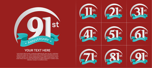 anniversary logotype set vector, silver color with green ribbon for special day celebration