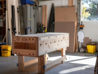 Weekend DIY projects at home, an individual building a piece of furniture in the garage, tools neatly arranged, natural daylight, feeling of accomplishment and creativity 