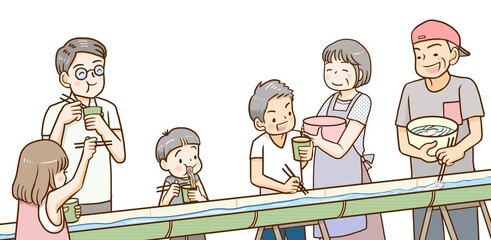 竹で作ったそうめん流しで家族みんなで流しそうめんを楽しむ