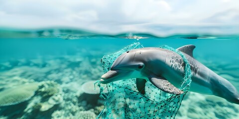 Obraz premium Dolphin caught in fishing nets near colorful coral reef under overcast skies. Concept Marine Conservation, Wildlife Protection, Coral Reef Conservation, Ocean Pollution, Environmental Awareness