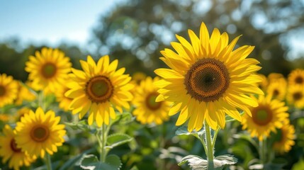 Fototapeta premium A field of yellow sunflowers with a single yellow flower in the foreground