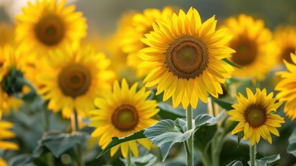 Obraz premium A field of yellow sunflowers with one large flower in the center