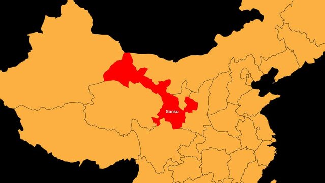 Gansu map animated video. Gansu location is highlighted on the China map colour with a transparent png background in video format.