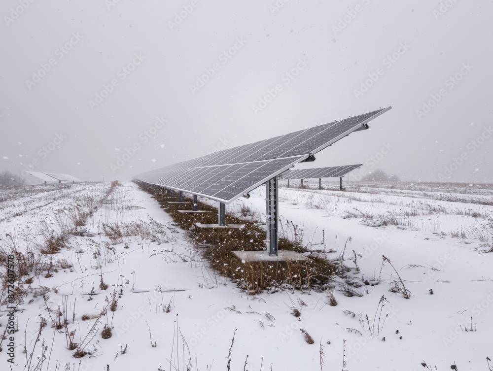 Wall mural Solar farm in a snowy field in Northern Europe, solar panels covered with a thin layer of snow, overcast sky, no people, winter season, illustrating the year-round effectiveness of solar power  - Wall murals