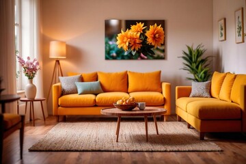 Modern living room design with sofa and furniture. Blurred bright living room with sofa and flowers. 