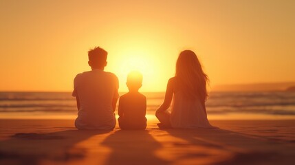 Silhouette of happy family sitting on sandy beach at the sunset, vacation time. Outdoor background.