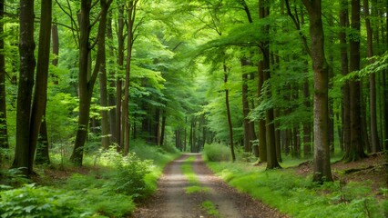 Obraz premium A serene forest path surrounded by tall, lush green trees, perfect for nature walks and outdoor adventures during summer.
