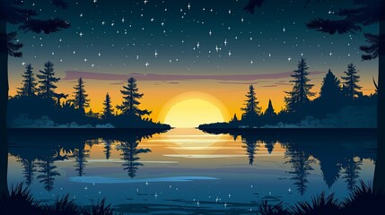 Fototapeta premium 2d vector illustration Lake view at twilight background