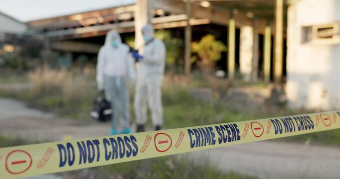 Forensic photographer, crime scene and people in nature for investigation, inspection and observation. Ppe suit, police marker and investigator with camera for evidence, criminal clue and teamwork