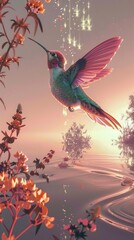 colorful shiny hummingbird in a delicated reflecting landscape below a purple night sky full of stars and fractal spiraled colorful galaxies