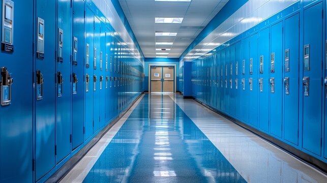 Vibrant blue lockers lining a clean, well-lit school hallway - Powered by Adobe