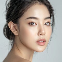 Obraz premium Beautiful Youthful Asian Girl with Korean-style Makeup in a Vivid Bokeh Light Background, Showcasing Glamorous Beauty, Perfect Skin, and Skincare Concepts for Commercial Advertising, AI-Generated, Hig