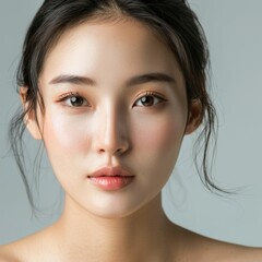 Fototapeta premium Beautiful Youthful Asian Girl with Korean-style Makeup in a Vivid Bokeh Light Background, Showcasing Glamorous Beauty, Perfect Skin, and Skincare Concepts for Commercial Advertising, AI-Generated, Hig