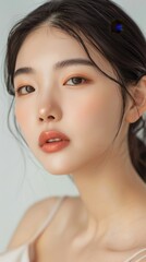 Obraz premium Beautiful Youthful Asian Girl with Korean-style Makeup in a Vivid Bokeh Light Background, Showcasing Glamorous Beauty, Perfect Skin, and Skincare Concepts for Commercial Advertising, AI-Generated, Hig