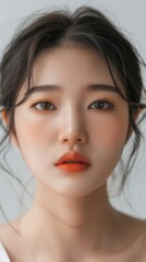 Fototapeta premium Beautiful Youthful Asian Girl with Korean-style Makeup in a Vivid Bokeh Light Background, Showcasing Glamorous Beauty, Perfect Skin, and Skincare Concepts for Commercial Advertising, AI-Generated, Hig