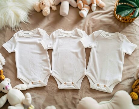 Three white baby bodysuits laying on a bed.