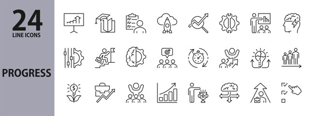 Progress line icons set with Career, Growth, Profit, Target, Graph, Investments, Profession, Success, Development, Strategy, Improvement, Achievement, Increase and more. Editable Stroke