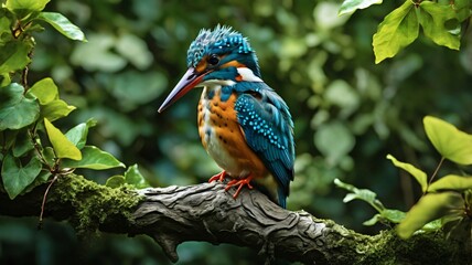 A Kingfisher is perched on a tree branch with lots of green leaves, contrasting with the color of its wings