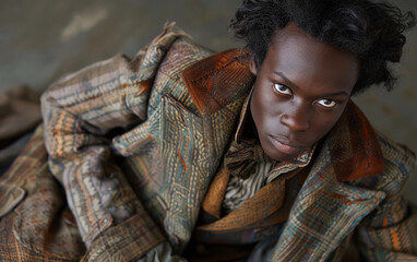 Fototapeta premium A close-up portrait of a genderfluid person of West African descent, looking directly at the camera