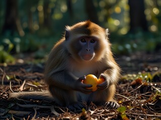 Obraz premium A monkey with his hand containing fruits on the ground in the middle of the forest while the sun is dim