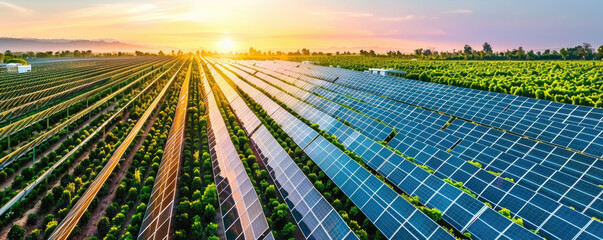 A large solar farm in the middle of a lush green field.