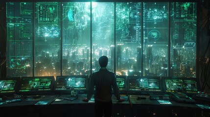 Futuristic Control Room Overlooking Cityscape - Generative AI