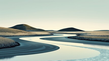 A peaceful river winds through a minimalist landscape, its gentle curves and clear waters creating a scene of serene simplicity.