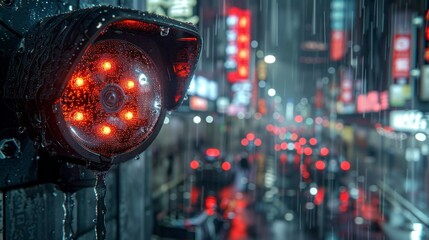 Surveillance Camera in Rainy Night City - Generative AI