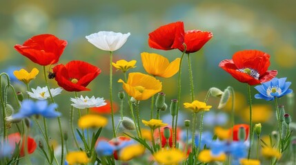 Obraz premium A field of flowers with a mix of red, yellow, and blue flowers