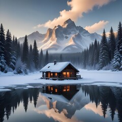 Obraz premium Snowy mountain landscape with jagged peaks, a frozen lake, and a cabin nestled in the trees