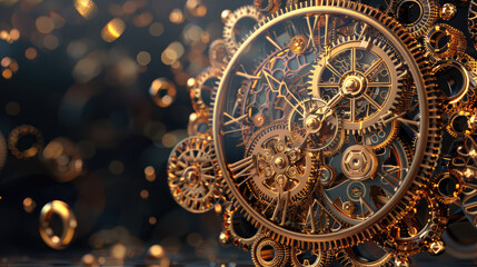 The image is a steampunk clockwork with a beautiful golden glow