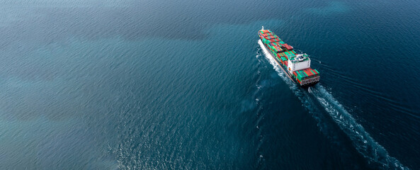 Aerial view container cargo ship sea freight shipping, Global business industry import export logistic transportation international by container cargo ship, Container ship commercial freight shipping. © Kalyakan