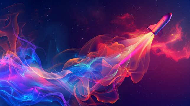 Simple Vector Art Rocket In Space With A Smoke Trail Through Smoke Rings Red Blue Purple